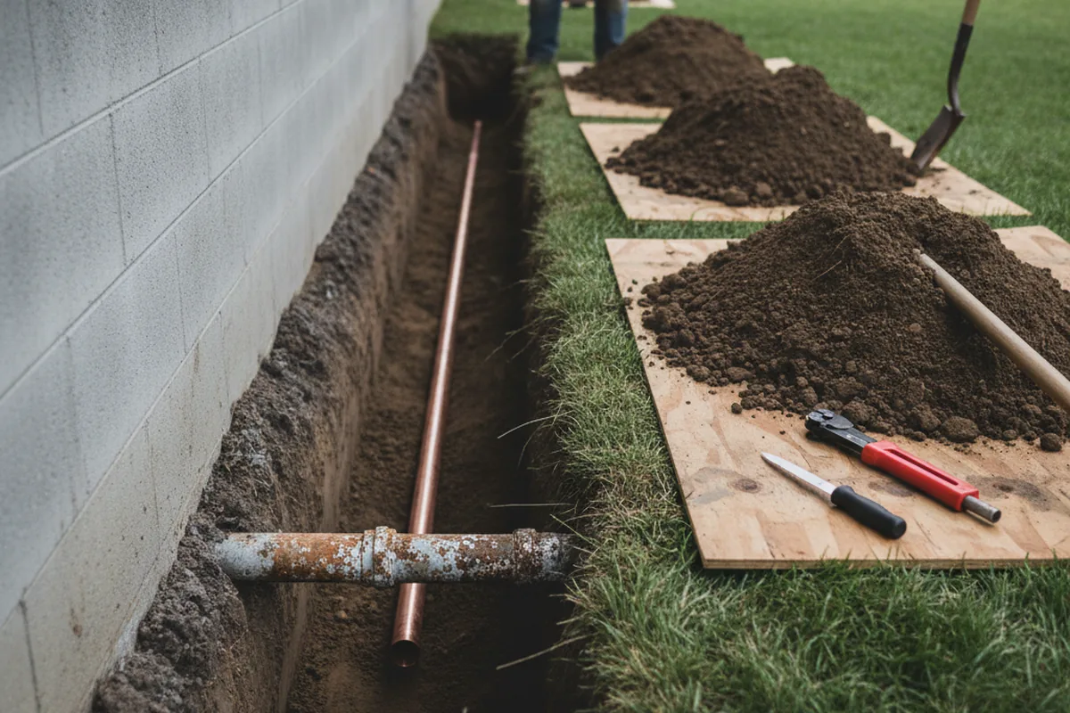 Excavated water line trench during Water Heater Repair in Navarro
